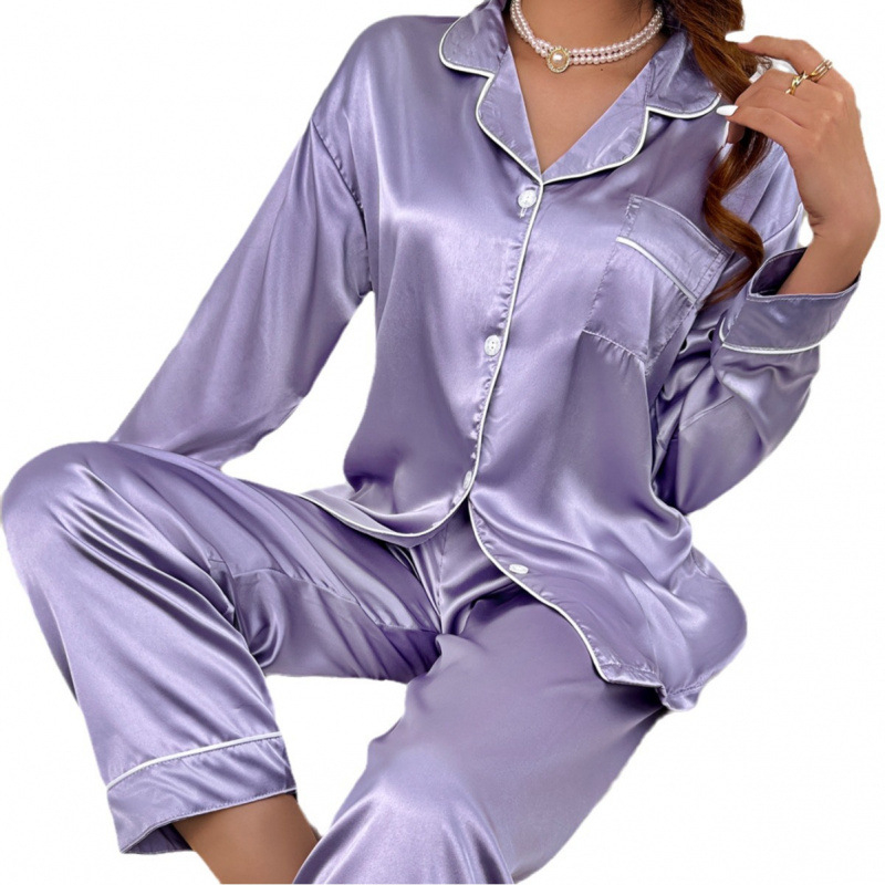 Pidžama komplekts no mākslīgās zīdes ar reveru kardiganam, garām piedurknēm un biksēm mājas lietošanai