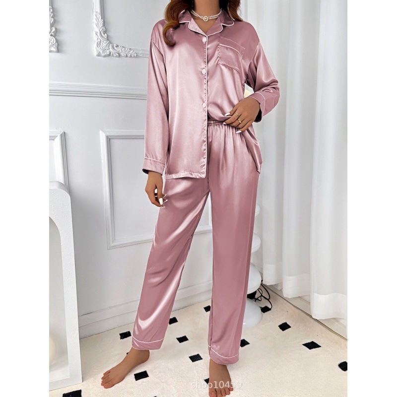 Szintetikus selyem pizsama szett kardigánnal reverrel, hosszú ujjú és nadrágos, otthoni viseletre