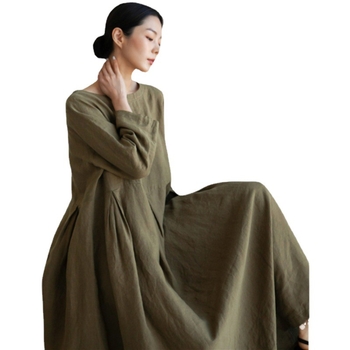 Φόρεμα από βαμβακο-λίνες με χαλαρή γραμμή, στρογγυλός λαιμός, μακριά μανίκια, μέση σε μεσαίο ύψος, μακρύ μήκος