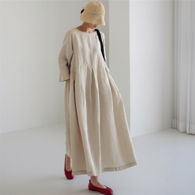 Rochie din bumbac-lină, croială lejeră, guler rotund, mâneci lungi, talie medie, lungime lungă