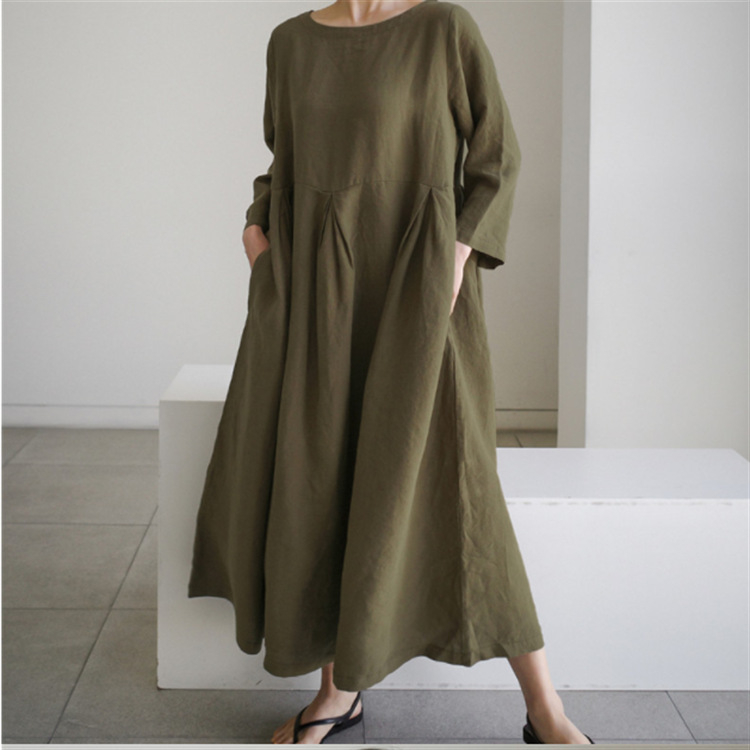 Rochie din bumbac-lină, croială lejeră, guler rotund, mâneci lungi, talie medie, lungime lungă