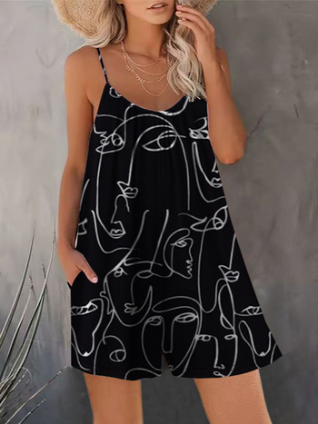 Ολόσωμη φόρμα χωρίς μανίκια με τυπωμένο πολυεστέρα – Casual στυλ, μεσαία μέση, ίσια γραμμή, παντελόνι τριών τεταρτών, Καλοκαίρι 2024