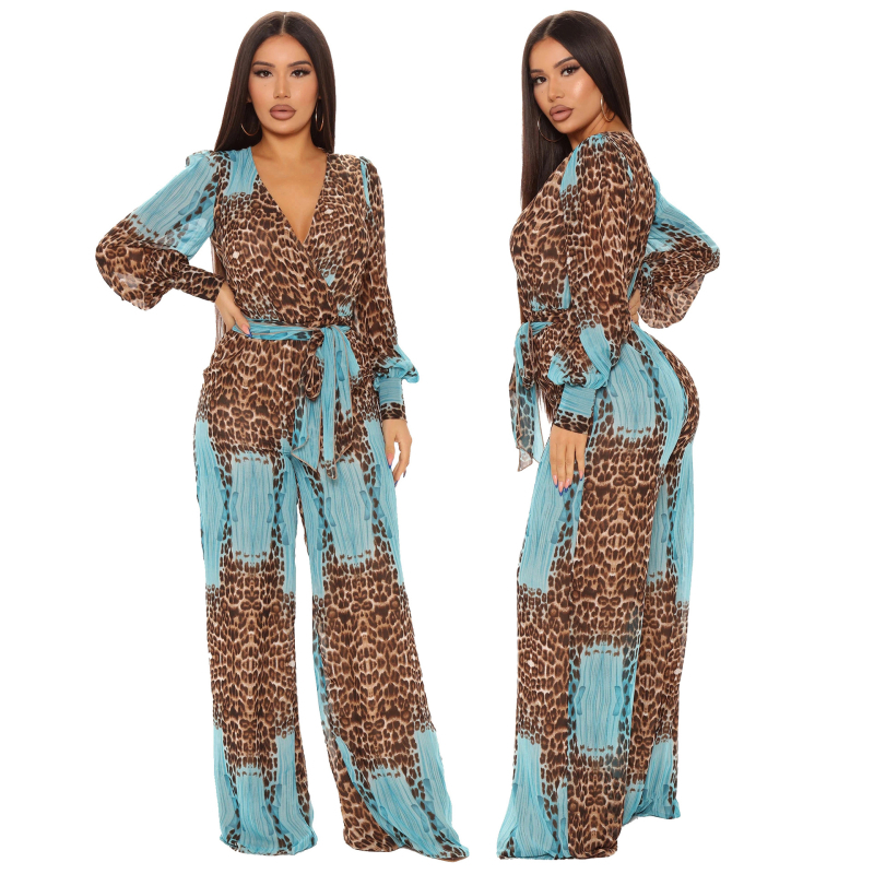 Salopetă cu mâneci lungi, decolteu în V, imprimeu digital, țesătură slub, amestec Vinylon cu bumbac