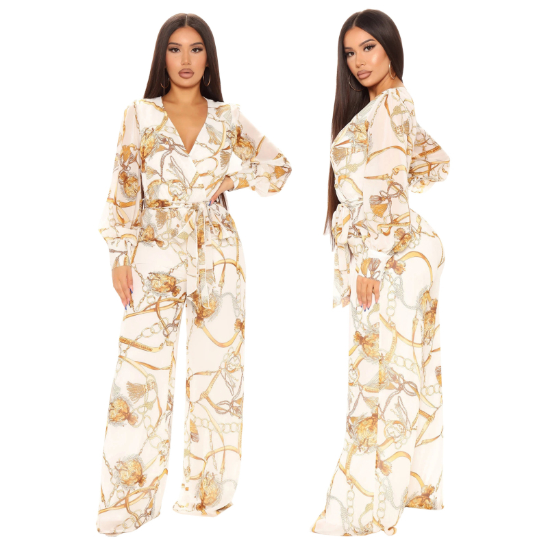 Salopetă cu mâneci lungi, decolteu în V, imprimeu digital, țesătură slub, amestec Vinylon cu bumbac