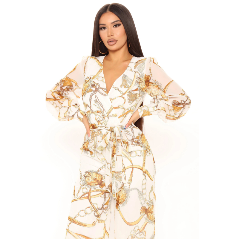 Salopetă cu mâneci lungi, decolteu în V, imprimeu digital, țesătură slub, amestec Vinylon cu bumbac