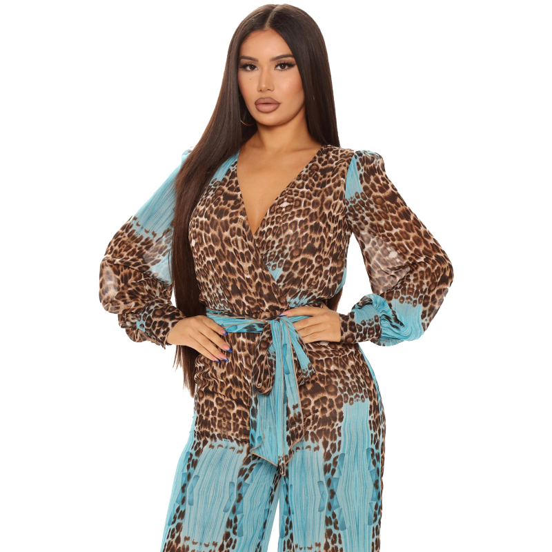 Salopetă cu mâneci lungi, decolteu în V, imprimeu digital, țesătură slub, amestec Vinylon cu bumbac