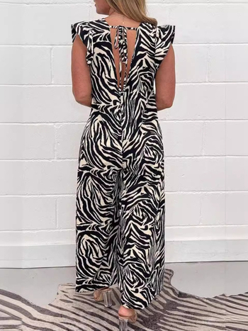 Γυναικεία ολόσωμη φόρμα με λεοπάρ σχέδιο, χωρίς μανίκια, φαρδιά παντελόνια, πολυεστέρας, Καλοκαίρι 2024