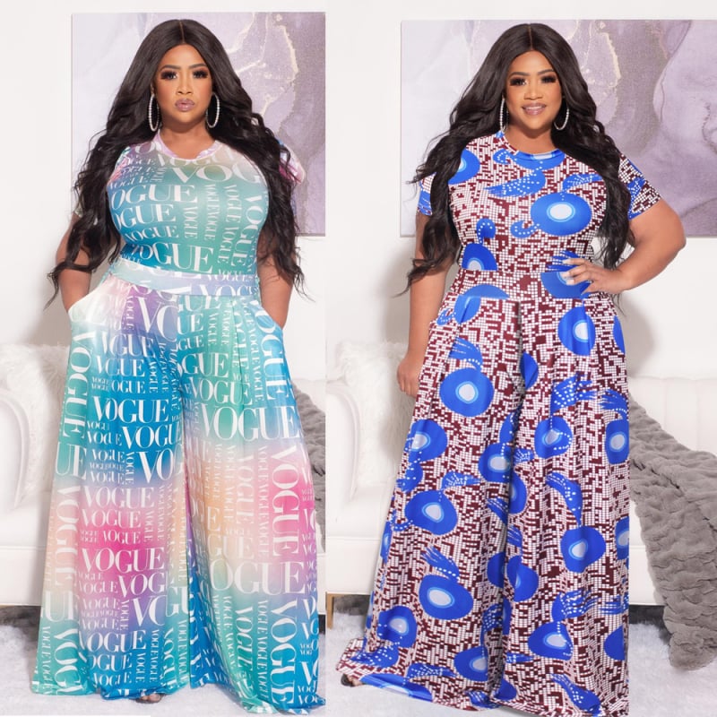 Женски гащеризон с принт на букви, балонени ръкави, дълъг силует, широки крачоли, средна талия