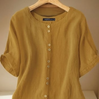 Дамски топ от памучно-ленена смес, кръгло деколте, къс ръкав, копчета, свободна кройка