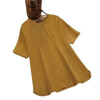 Дамски топ от памучно-ленена смес, кръгло деколте, къс ръкав, копчета, свободна кройка