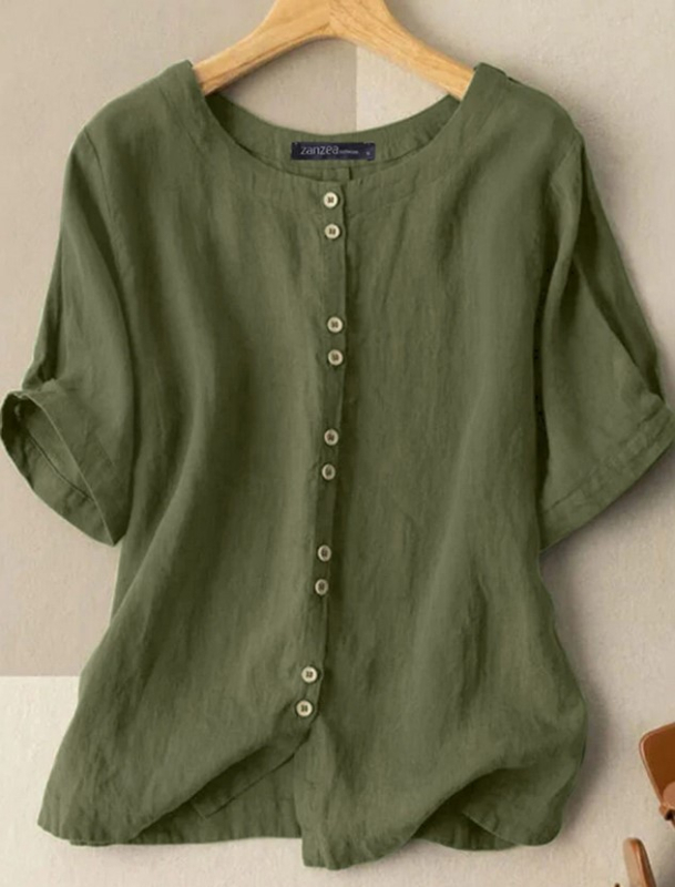 Дамски топ от памучно-ленена смес, кръгло деколте, къс ръкав, копчета, свободна кройка