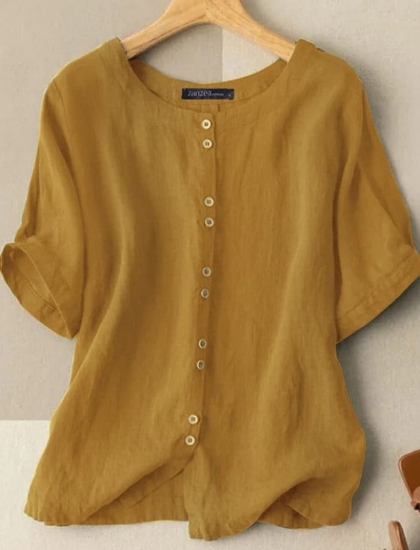 Дамски топ от памучно-ленена смес, кръгло деколте, къс ръкав, копчета, свободна кройка