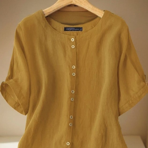 Дамски топ от памучно-ленена смес, кръгло деколте, къс ръкав, копчета, свободна кройка