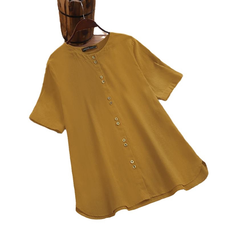 Дамски топ от памучно-ленена смес, кръгло деколте, къс ръкав, копчета, свободна кройка