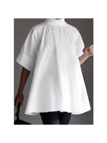 Риза със стойка яка, свободна кройка, къс ръкав, полиестер