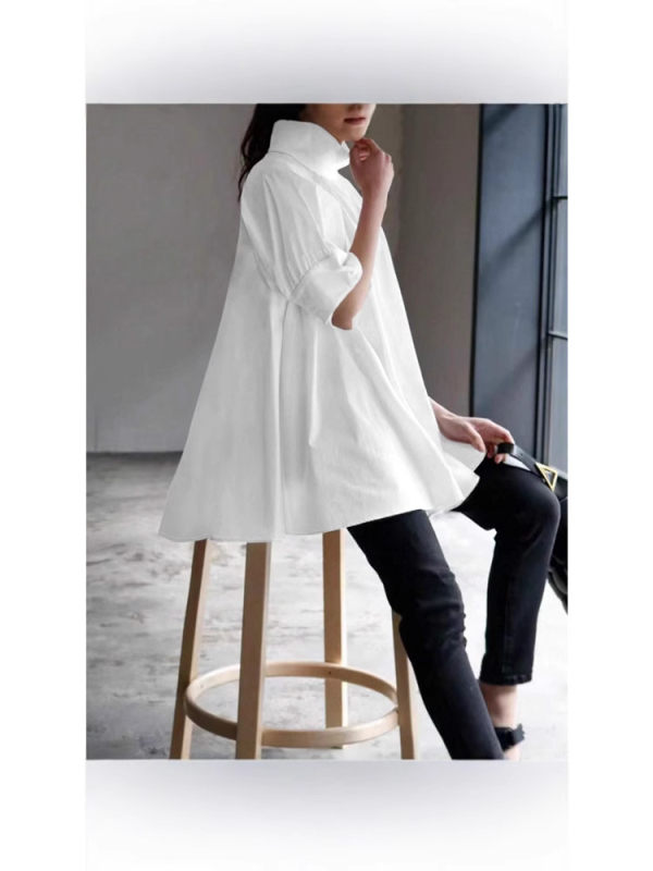 Риза със стойка яка, свободна кройка, къс ръкав, полиестер