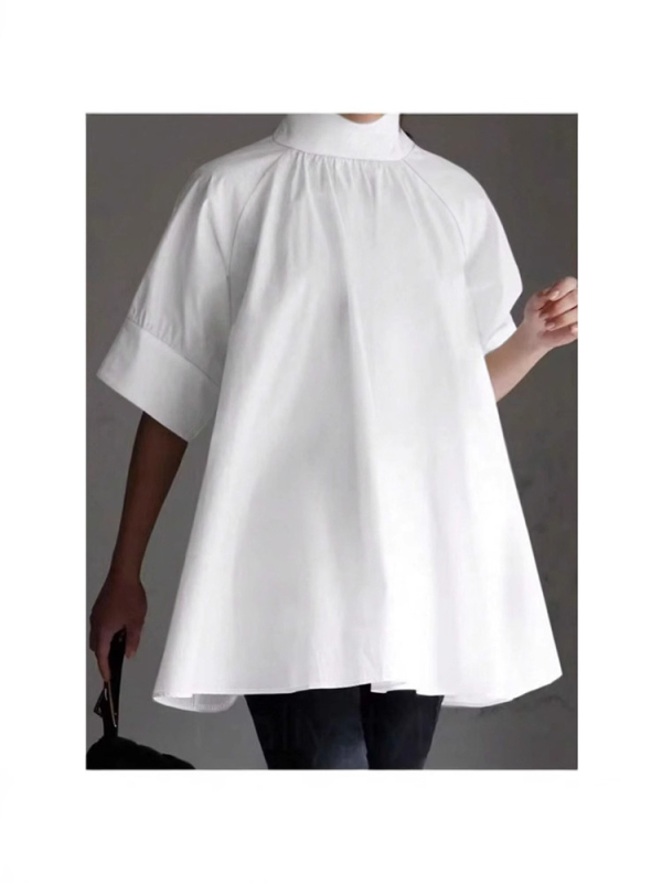 Риза със стойка яка, свободна кройка, къс ръкав, полиестер