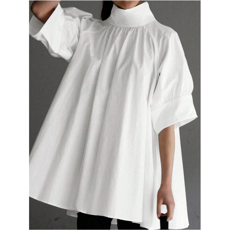 Риза със стойка яка, свободна кройка, къс ръкав, полиестер