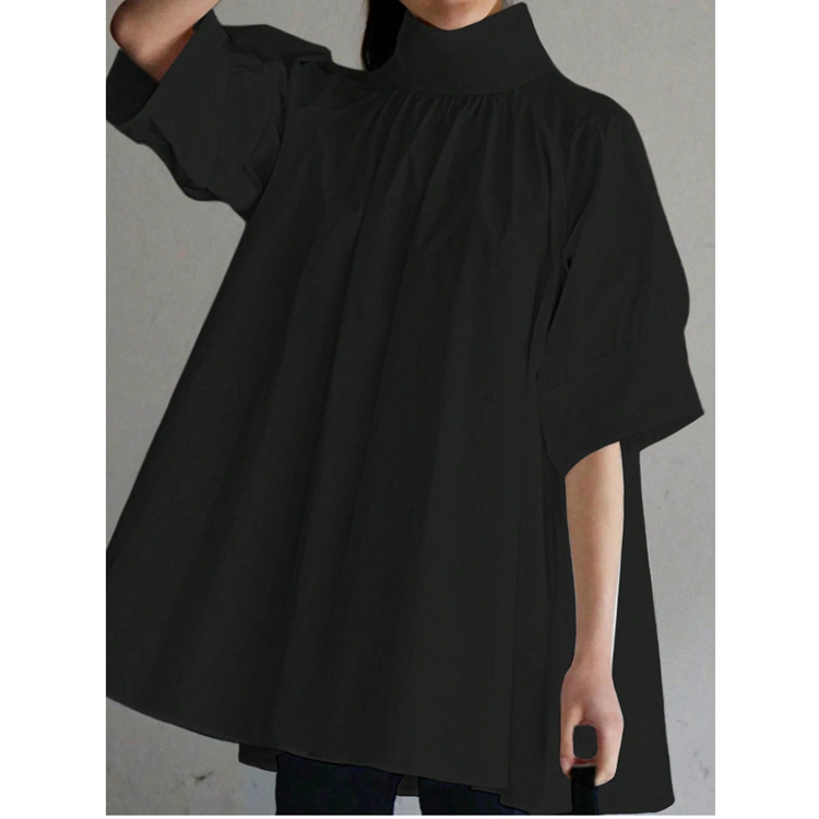 Риза със стойка яка, свободна кройка, къс ръкав, полиестер