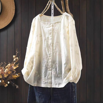 Дамска риза от памук с бродерия и жакардова тъкан, дълги ръкави, свободна кройка