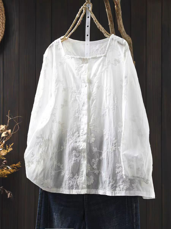 Cămașă de damă din bumbac cu broderie și țesătură jacquard, mâneci lungi, croi lejer