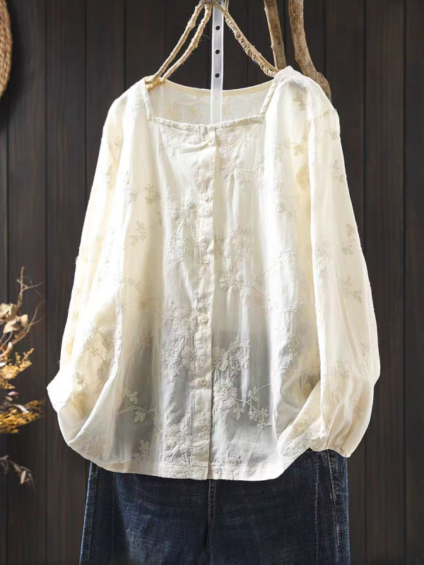 Cămașă de damă din bumbac cu broderie și țesătură jacquard, mâneci lungi, croi lejer