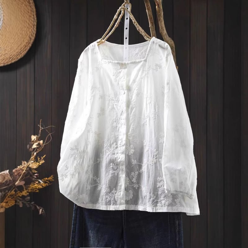 Cămașă de damă din bumbac cu broderie și țesătură jacquard, mâneci lungi, croi lejer