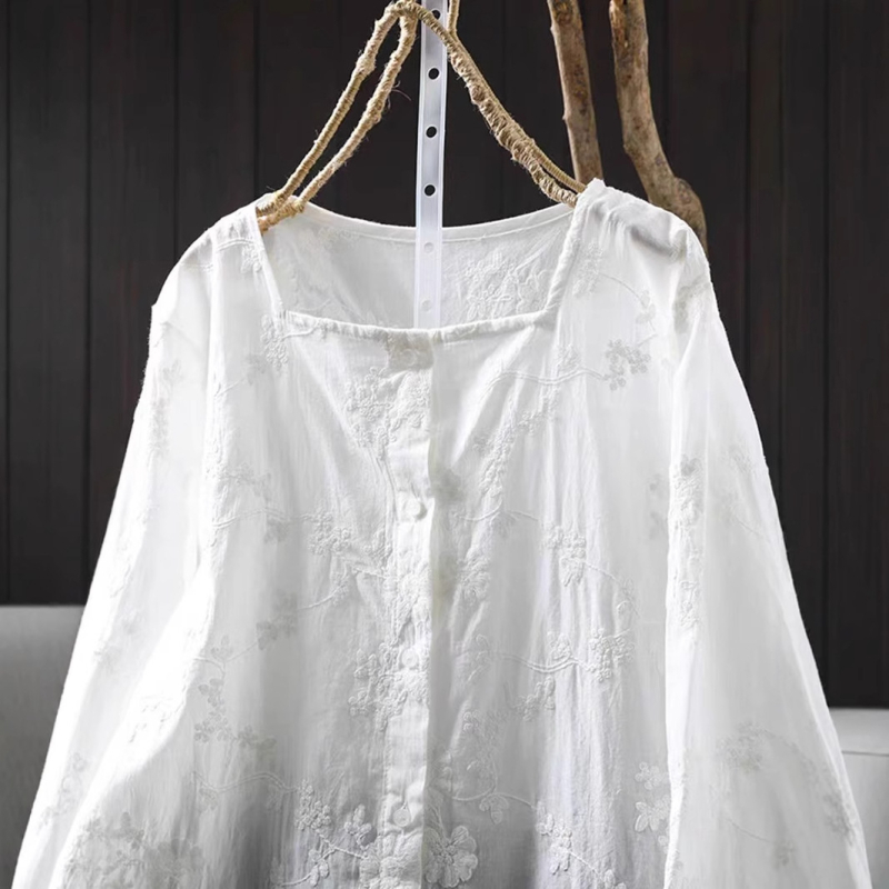 Cămașă de damă din bumbac cu broderie și țesătură jacquard, mâneci lungi, croi lejer