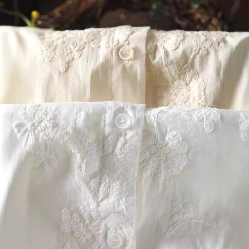 Cămașă de damă din bumbac cu broderie și țesătură jacquard, mâneci lungi, croi lejer