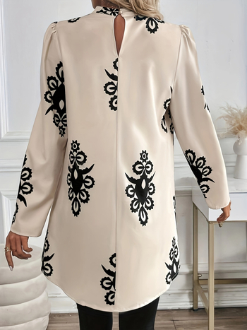 Женска риза с дълги ръкави, едноцветна, кръгло деколте, свободна кройка; полиестер/еластан (95%+)