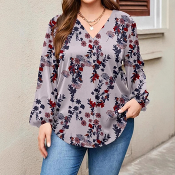 Риза; полиестер с еластан; принт на растения и цветя; V-образно деколте; Lantern ръкави; ежедневен стил