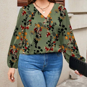 Риза; полиестер с еластан; принт на растения и цветя; V-образно деколте; Lantern ръкави; ежедневен стил