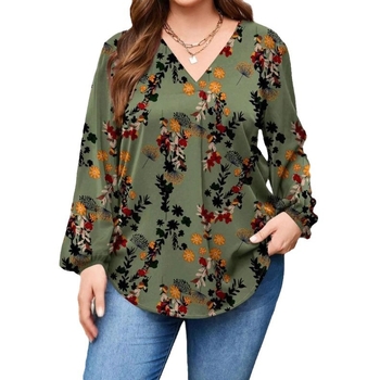Риза; полиестер с еластан; принт на растения и цветя; V-образно деколте; Lantern ръкави; ежедневен стил