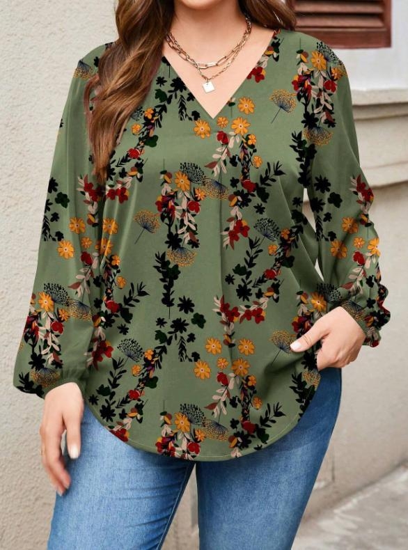Риза; полиестер с еластан; принт на растения и цветя; V-образно деколте; Lantern ръкави; ежедневен стил