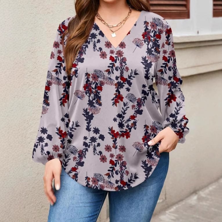 Риза; полиестер с еластан; принт на растения и цветя; V-образно деколте; Lantern ръкави; ежедневен стил