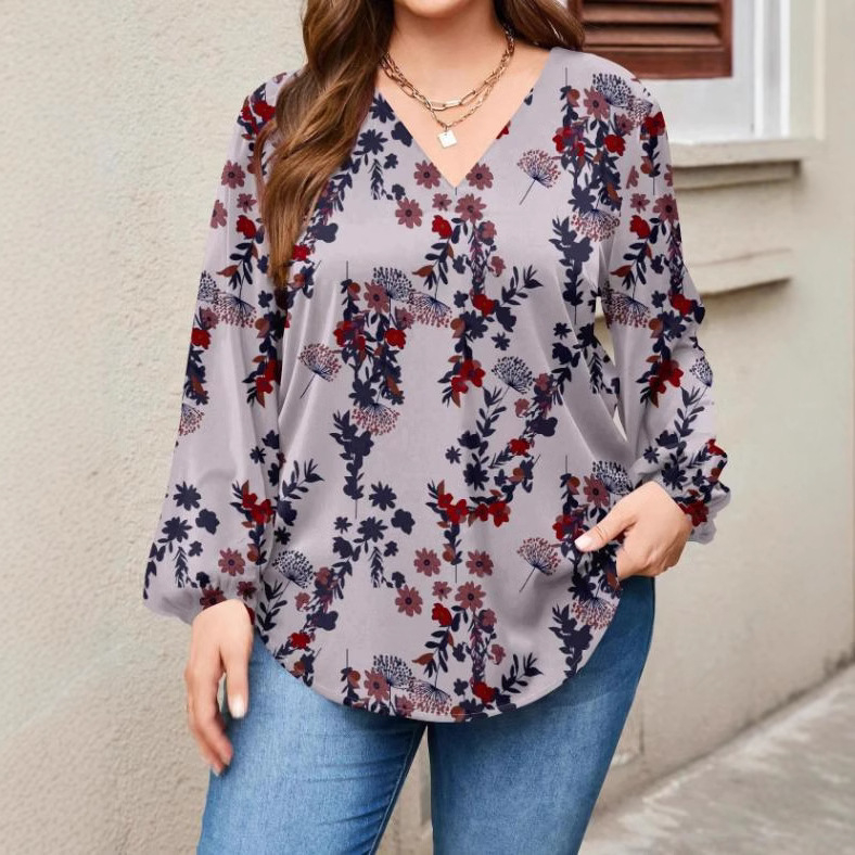 Риза; полиестер с еластан; принт на растения и цветя; V-образно деколте; Lantern ръкави; ежедневен стил