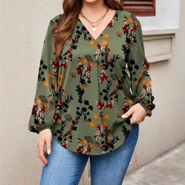 Риза; полиестер с еластан; принт на растения и цветя; V-образно деколте; Lantern ръкави; ежедневен стил