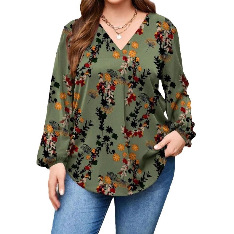 Риза; полиестер с еластан; принт на растения и цветя; V-образно деколте; Lantern ръкави; ежедневен стил