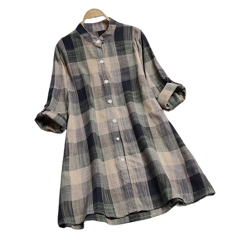 Клетъчен памук-лен кардиган-риза, V-образно деколте, дълги ръкави, свободна кройка