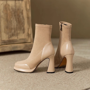 Ghete scurte pentru femei cu toc gros și platformă, partea superioară elastică din velur, talpă din cauciuc, vârf pătrat, gambăjoasă, stil vintage coreean