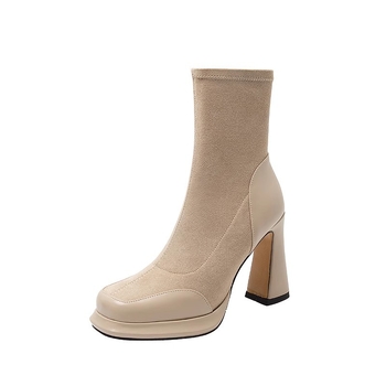 Ghete scurte pentru femei cu toc gros și platformă, partea superioară elastică din velur, talpă din cauciuc, vârf pătrat, gambăjoasă, stil vintage coreean