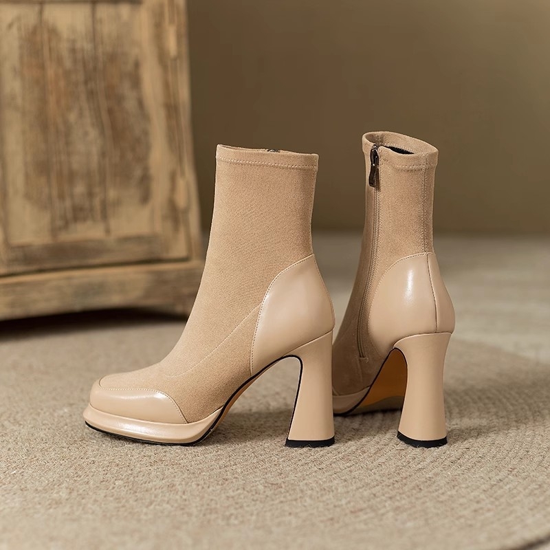 Ghete scurte pentru femei cu toc gros și platformă, partea superioară elastică din velur, talpă din cauciuc, vârf pătrat, gambăjoasă, stil vintage coreean