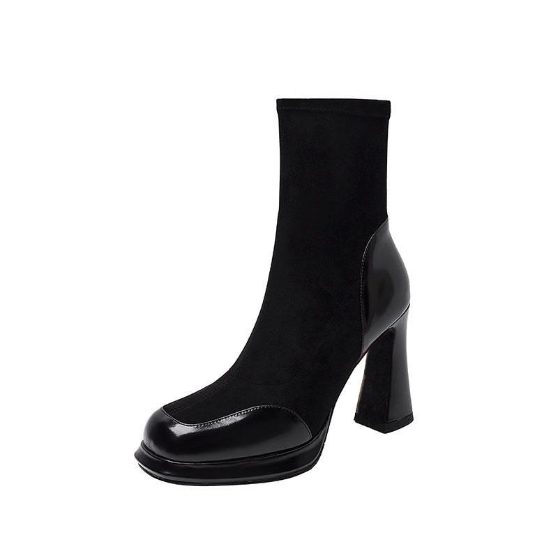 Ghete scurte pentru femei cu toc gros și platformă, partea superioară elastică din velur, talpă din cauciuc, vârf pătrat, gambăjoasă, stil vintage coreean