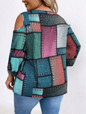 Sieviešu top ar garām piedurknēm, karots raksts, V formas kakla izgriezums, brīvs siluets, poliestera un spandeksa maisījums, rudens 2024