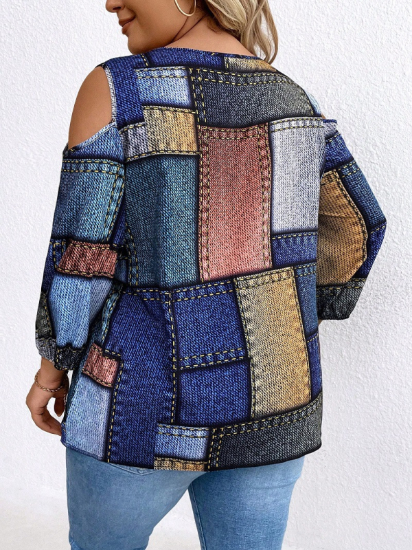 Sieviešu top ar garām piedurknēm, karots raksts, V formas kakla izgriezums, brīvs siluets, poliestera un spandeksa maisījums, rudens 2024