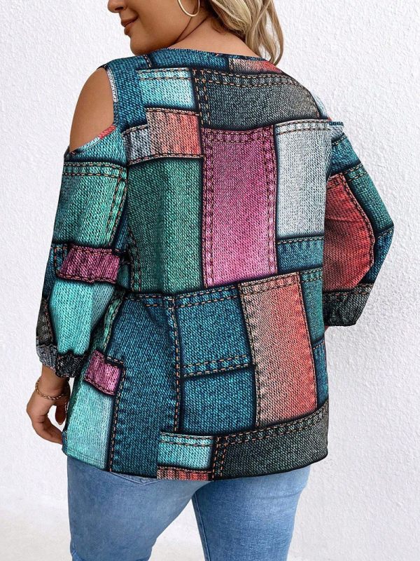 Sieviešu top ar garām piedurknēm, karots raksts, V formas kakla izgriezums, brīvs siluets, poliestera un spandeksa maisījums, rudens 2024