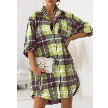 Риза с кариран модел, стил кардиган, дълъг ръкав, средна дължина (65-80 см), смесена тъкан: полиестер 50-70% и акрил 30-50%