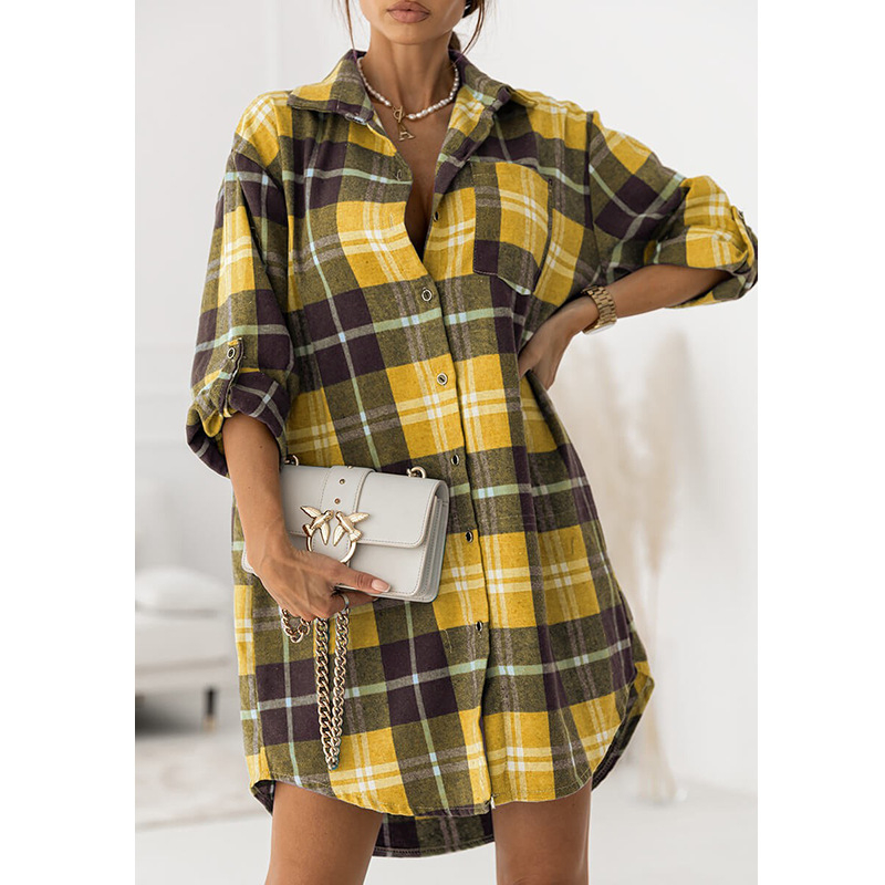 Риза с кариран модел, стил кардиган, дълъг ръкав, средна дължина (65-80 см), смесена тъкан: полиестер 50-70% и акрил 30-50%