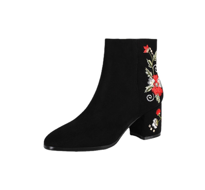 Μποτάκια μόδας από σουέντ με μυτερό δάχτυλο, χοντρό τακούνι 6–8 cm και πλαϊνό φερμουάρ