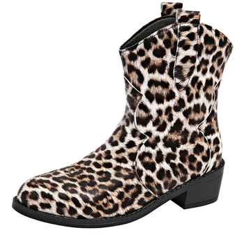 Sieviešu Martins zābaki ar leoparda printu, PU augšdaļa, gumijas zole, asas purns, 3–5 cm augstu papēdi